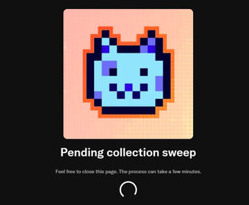A loading screen displays a pixel-art blue and purple cat icon above the text 'Pending collection sweep' with a spinning loading indicator.