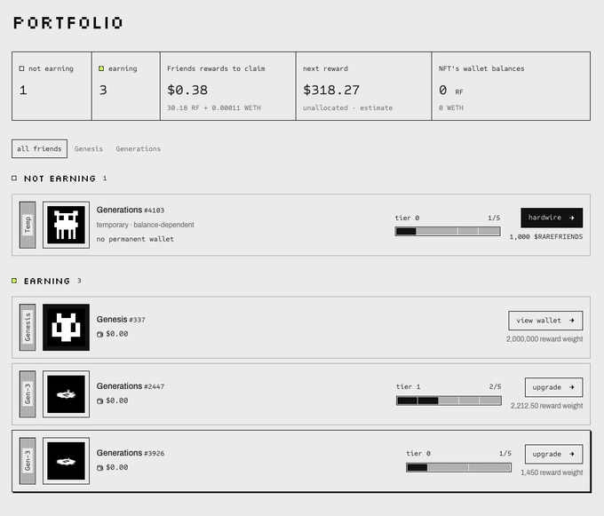 A digital portfolio dashboard displays NFT assets including a 'Generations #4183' item not earning and three earning items including 'Genesis #337' and 'Generations #2447', showing reward balances of $0.38 and estimated $318.27.