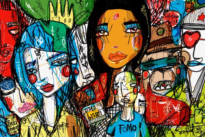 A vibrant pop-art/grunge-style illustration depicting multiple stylized female figures with bold colors and graffiti-like elements including the words 'HOPE' and 'FOMO!'.