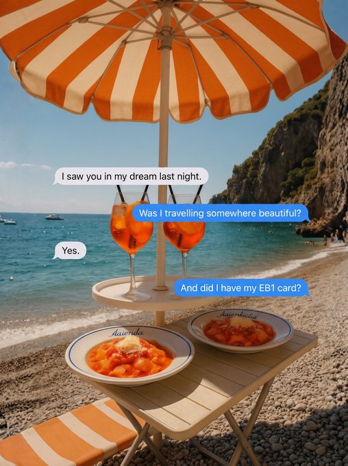 An AI-generated beach scene featuring a striped orange and white umbrella over a table with two plates of pasta (labeled 'Havanda' and 'Avokado') and two orange drinks, with a text message exchange: 'I saw you in my dream last night.' / 'Was I travelling somewhere beautiful?' / 'Yes.' / 'And did I have my EB1 card?'