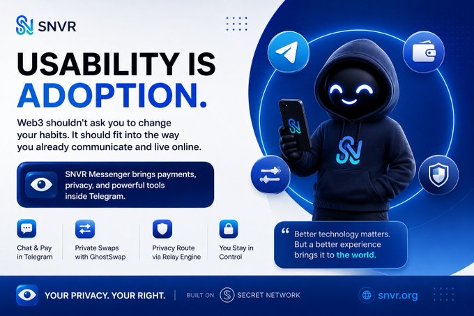 This image promotes SNVR Messenger, highlighting "USABILITY IS ADOPTION" with text that states "SNVR Messenger brings payments, privacy, and powerful tools inside Telegram." The visual features icons representing Telegram, a wallet, chat, swaps, privacy, and control, all surrounding a character holding a phone with the "SNVR" logo, illustrating how SNVR integrates into existing habits like communication via Telegram.