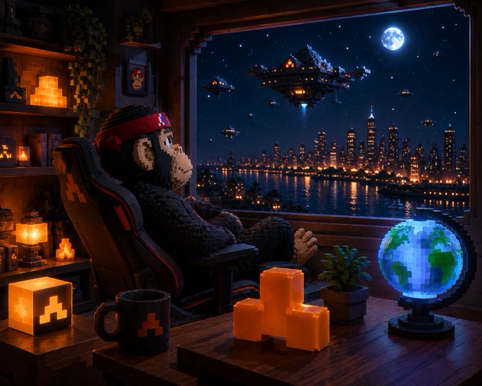 Pixel-art monkey character wearing a red bandana sits in a gaming chair, gazing at a futuristic cityscape with flying ships through a large window, surrounded by Minecraft-style blocks and a glowing globe.