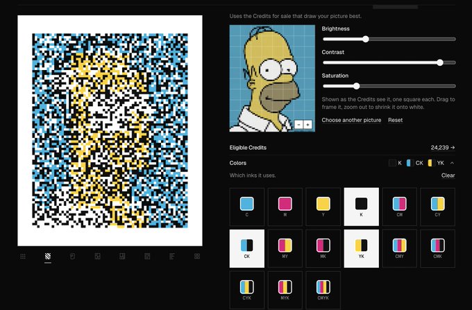 A digital interface displays a pixel art mosaic of Homer Simpson created using colored 'Credits' (C, M, Y, K, CM), with sliders for adjusting Brightness, Contrast, and Saturation.