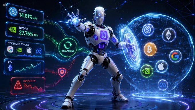 A futuristic digital artwork with a white robot interacting with crypto tokens (USDC, NVDAC, ETH, Bitcoin, Ethereum, Meta, Google, Apple), displaying "REBALANCING" and various APY percentages like "14.81% APY" and "27.76% APY".