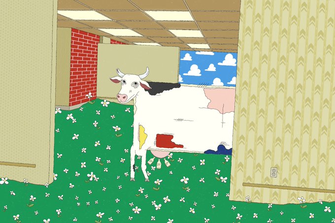 A stylized digital artwork features a cow standing in a surreal room with green floral carpet, yellow patterned curtains, and a window showing a cloud-filled blue sky, with abstract colorful shapes filling the cow's body. The image serves as visual art for the NFT "Milkrooms" by the artist, with an edition being collected by kikanicolela and esraeslen, and 6 of 20 editions still available on objkt.com.