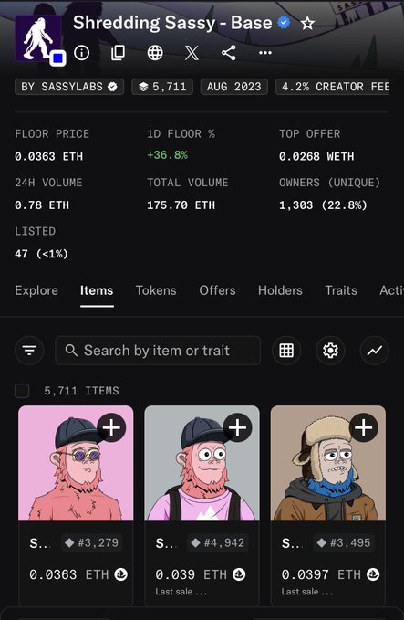 A screenshot of the 'Shredding Sassy' NFT collection on OpenSea by SASSYLABS, showing a floor price of 0.0363 ETH with 5,711 items.