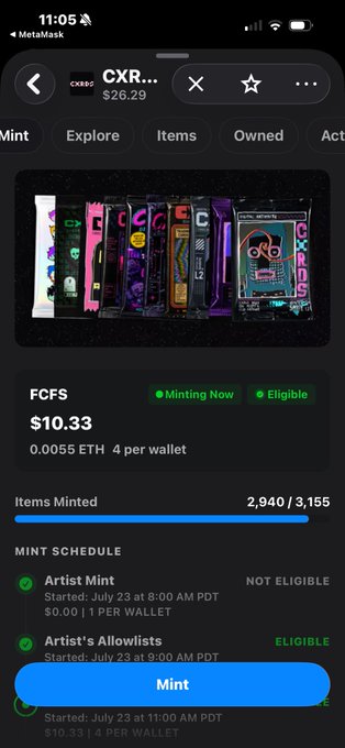 A screenshot of a MetaMask wallet showing the OpenSea NFT marketplace with "CXR..." valued at $26.29, where the user is minting collectible card packs for $10.33 (0.0055 ETH) per wallet during the "FCFS" phase with 2,940 of 3,155 items already minted. The interface shows a "Mint" button at the bottom, corresponding to the post about successfully minting two more packs on OpenSea.