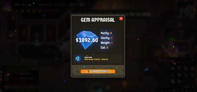 A video game interface displays a "GEM APPRAISAL" window showing a blue diamond valued at $1092.60 with various stats like "Purity: A" and "Clarity: S," and a claim button for "10-225 KEYS."