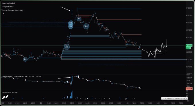 A financial chart titled 'Heatmap: kolasf' with footprint and volume bubble data on Delta Daily, featuring candlestick patterns, open interest data, and liquidations tracking the symbol 10U.S.