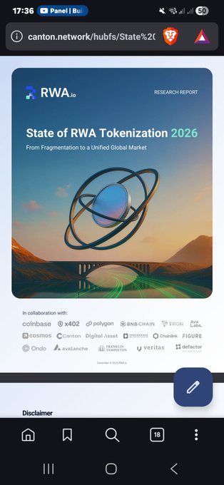 A smartphone screenshot shows the "State of RWA Tokenization 2026" research report from RWA.io, with the URL "canton.network/hubfs/State%20..." visible in the address bar, featuring logos of collaborators including Canton, Coinbase, x402, Polygon, BNB Chain, TRON, and others. The image relates to the post by highlighting Canton's involvement in the real-world asset (RWA) tokenization ecosystem, illustrating how Canton fits into a broader multi-chain landscape alongside other blockchain networks like XRP/XRPL and Stellar/XLM.