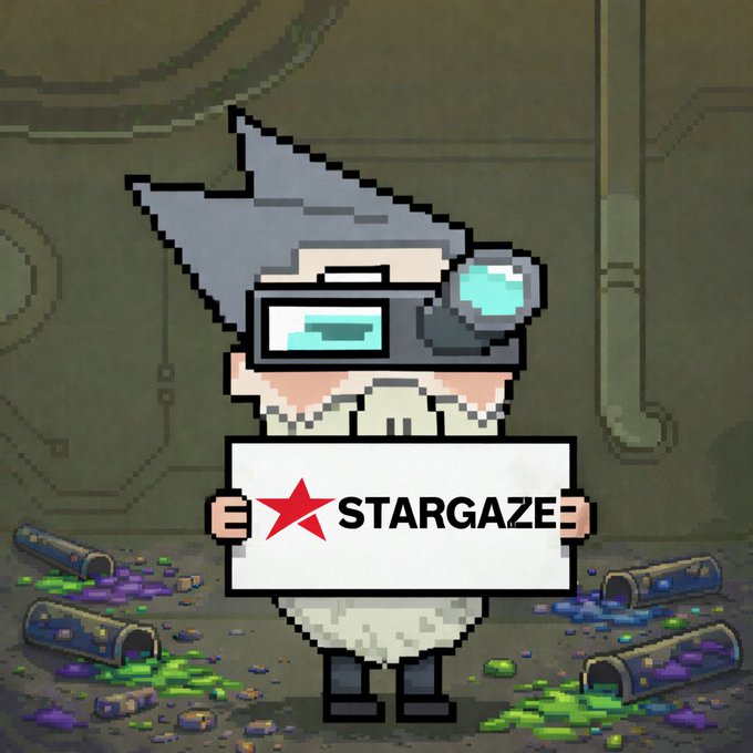 The image features a cartoon character wearing glasses and holding up a sign that says "STARGaze" with a red star at the bottom. The caption below the image provides information about how to earn money directly from the Stargaze platform, specifically by staking stars or participating in marketplace trading.
