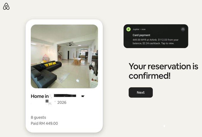 An Airbnb reservation confirmation screen showing a home listing for 8 guests with a paid amount of RM 449.00, alongside a Jupiter card payment notification confirming 449.00 MYR charged.