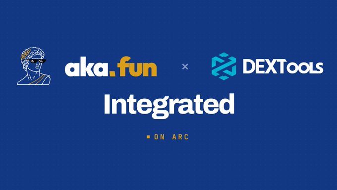 A promotional graphic on a dark blue background features the aka.fun logo (a stylized figure wearing sunglasses) alongside the DEXTools logo, connected by a multiplication symbol, with the word "Integrated" prominently displayed and "ON ARC" below, announcing the partnership between aka.fun and DEXTools on the Arc platform.