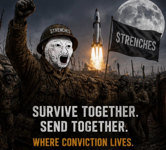 This meme-style image features a soldier with a "Wojak" face superimposed on his head, holding a flag with the ticker "$TRENCHES" against a backdrop of a moon landing and a rocket launch. The image reinforces the accompanying post's themes of resilience and "aiming for the moon" by using the slogan "SURVIVE TOGETHER. SEND TOGETHER. WHERE CONVICTION LIVES." to promote the Solana-based token $TRENCHES.