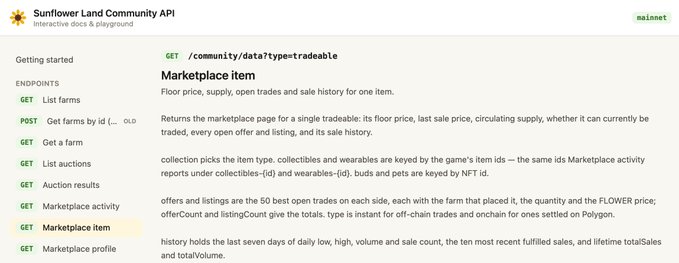 API documentation screenshot from Sunflower Land Community API (sfl.world) showing the "Marketplace item" endpoint (GET /community/data?type=tradeable), which returns floor price, supply, and sale history for tradeable in-game items. The image relates to the announcement of new API endpoints being released to support community-built tools for the Sunflower Land game.
