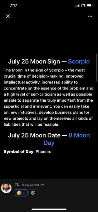 A screenshot from a horoscope app showing the July 25 Moon Sign as Scorpio and the 8 Moon Day, with a comment noting July 25 as a "day out of time" and a 7/7 magic alignment, speculating on potential significance for XRP timing.