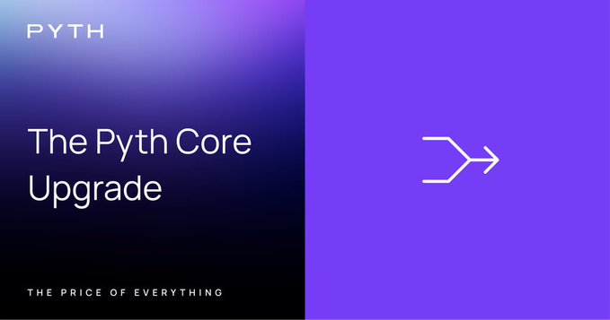 The image shows two purple squares with white lines placed next to each other, which appear to be parts of an advertisement or poster related to the Pyth core upgrade. The text on the poster reads "gPyth I have been tracking oracle token economies" and mentions that a new core upgrade has been introduced into Pyth Network's offerings. It also suggests that the price of everything is now available in exchange for the updated core upgrade, which changes the entire business model from being a service to a subscription-based service. This change may affect the way apps are priced or their value accrual process.