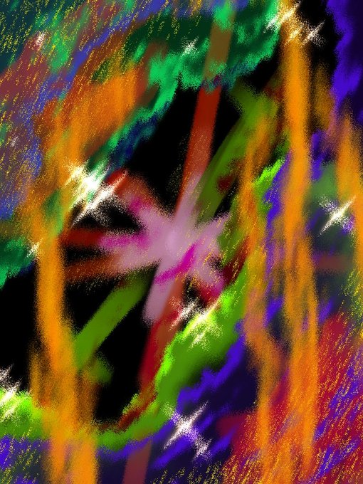 Abstract digital artwork featuring vibrant streaks of orange, green, purple, and yellow with bright white star-like sparkles against a dark background.