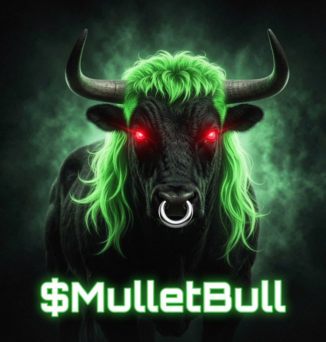 A fierce black bull with glowing red eyes, a nose ring, and a vibrant green mullet stares forward against a misty green backdrop, with the text "$MulletBull" displayed below in glowing green letters—matching the post's bullish "Feeling it!" energy with its bold, hype-driven crypto mascot vibe.
