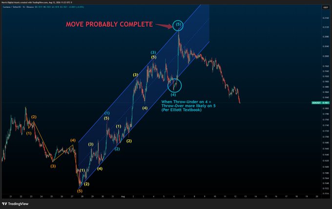 A TradingView chart of Cardano (ADA) is annotated with Elliott Wave counts, including “(5),” “Throw-Under on 4,” and the text “MOVE PROBABLY COMPLETE.” The chart shows price peaking near 0.2160 before declining into correction mode, consistent with the post’s claim that wave 5 had no further upside and the move was over.