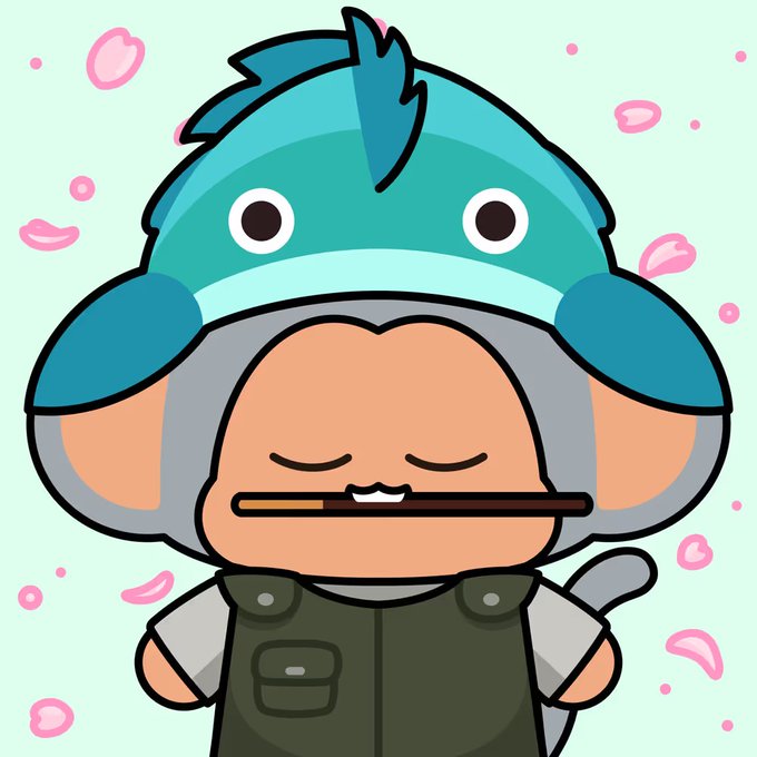A cute cartoon character with closed eyes wearing a teal dolphin/fish hat holds a stick in its mouth, set against a mint green background with pink petal decorations.