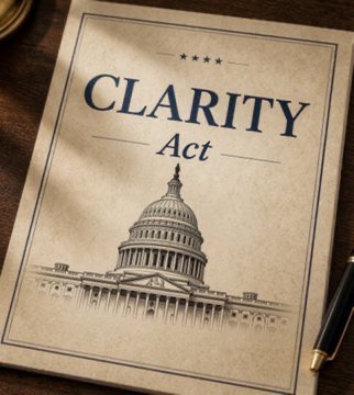 A document titled "CLARITY Act" featuring an illustration of the U.S. Capitol building sits on a wooden desk with a pen, serving as a visual call-to-action for the Blockchain Association's grassroots campaign to flood Senate inboxes in support of crypto regulatory clarity legislation before the August recess.