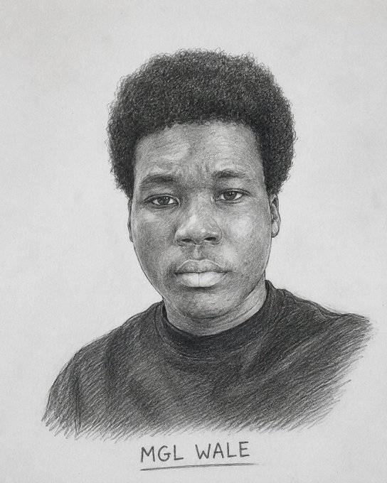 A pencil sketch portrait of a young man with short, curly hair wearing a dark t-shirt, with the text 'MGL WALE' written below.