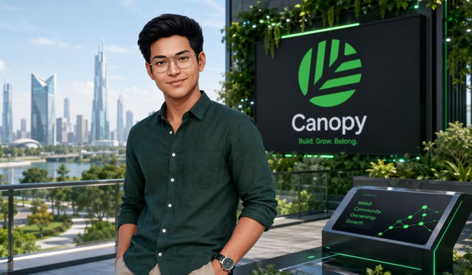 A Pixar-style 3D rendered image of a smiling man wearing glasses and a green shirt, standing in front of a screen displaying the 'Canopy' logo and tagline 'Build. Grow. Belong.', with a futuristic city in the background.