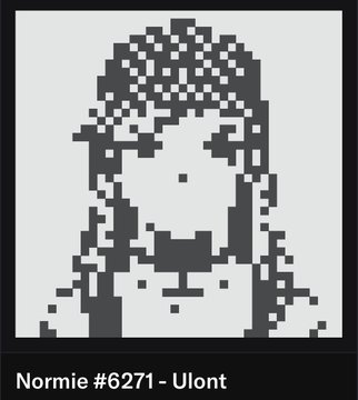 A pixelated black-and-white portrait labeled "Normie #6271 - Uont" depicts a stylized character with messy hair and a neutral expression, representing one of the AI-generated artworks created by the NormiesART agent mentioned in the post about agentic AI art platforms.