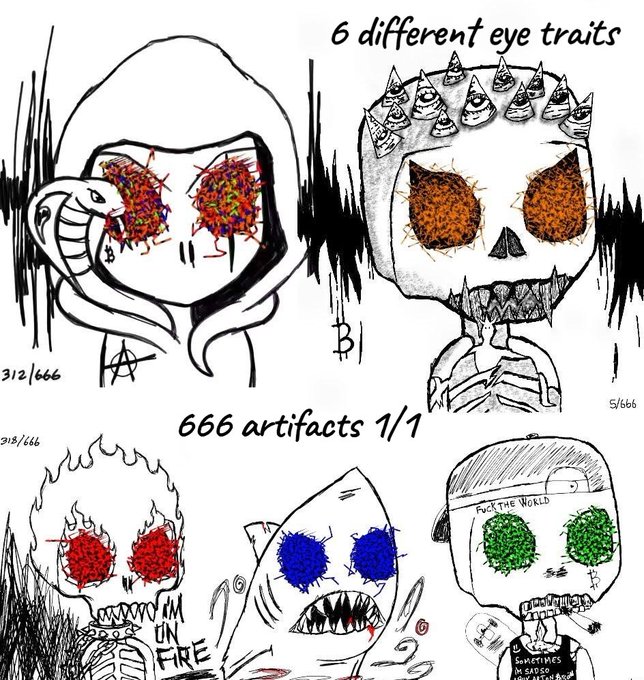 This image features five hand-drawn skull characters showcasing "6 different eye traits," with rarity numbers like "312/666" and "5/666" in the corners and the central text "666 artifacts 1/1," illustrating a diverse set of unique digital collectibles.