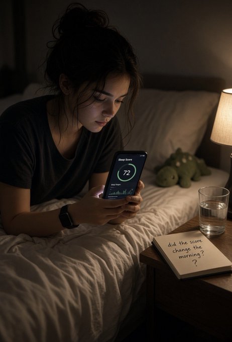 A woman in a dark bedroom looks at a phone displaying a sleep score of 72, with a notebook reading 'did the score change the morning?' beside a glass of water.