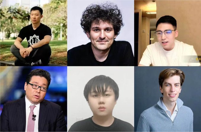The image shows a grid of six headshots featuring prominent figures in the cryptocurrency and finance world, including FTX founder Sam Bankman-Fried (top left), co-founder Gary Wang (top right), and other figures like Do Kwon, Zhu Su, and Su Zhu. 

The caption in Chinese roughly translates to "If you recognize all of them, you can graduate from both crypto and stock circles," suggesting this is a quiz-style image challenging viewers to identify these well-known (and often controversial) figures from the crypto industry.
