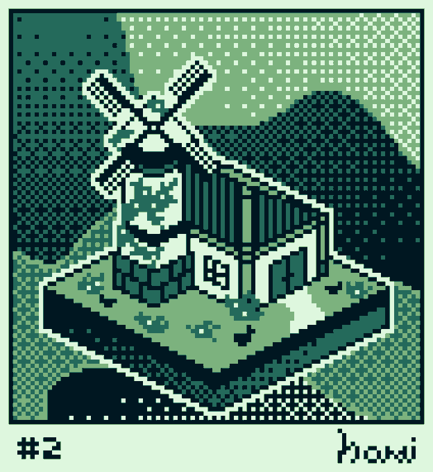 A pixel art illustration in green tones depicting a windmill house on a floating island, labeled '#2' with the text 'Hoshi' at the bottom.