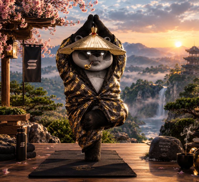 A panda dressed in a black and gold robe balances on one leg in a tree pose on a yoga mat at sunrise, holding a woven hat overhead. A stone beside the mat reads "BREATHE BALANCE BUILD," reinforcing the post's mindful message to take a break and prioritize well-being amid market volatility.