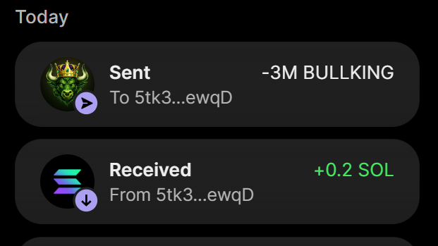 A crypto transaction history showing ~3M $BULLKING tokens sent to address "5tk3...ewqD" and a corresponding receipt of +0.2 SOL from the same address, confirming the successful purchase of 3 million $BULLKING for 0.2 SOL.