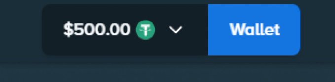 A digital wallet interface displays a balance of $500.00 Tether (T) with a dropdown menu and a blue 'Wallet' button on the right.