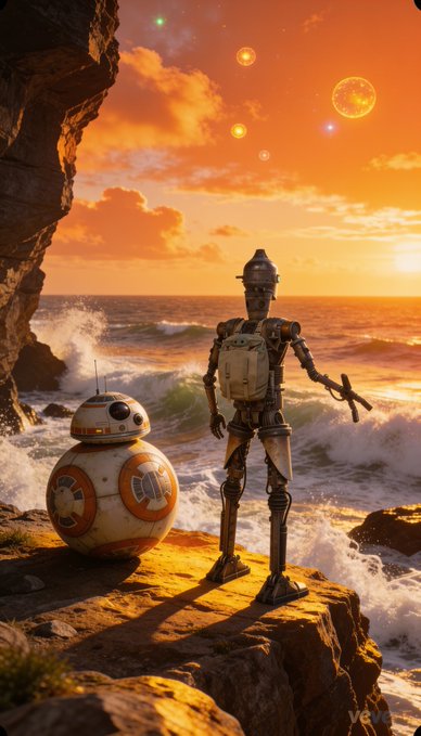 The image features a scene with two robots, one of which is a Star Wars-themed robot resembling Buzz Lightyear, holding up an umbrella near water at sunset over a cliffside beach. In addition, there are four other characters surrounding the robot on the beach - three of them looking towards the sky and the horizon, while the fourth character appears to be in a different position or scenario. The scene seems to have been captured for sharing on social media platforms like Instagram, as it is tagged with various accounts including @DigitalCollectibles, #StarWars, #BB8, #Yoda, #IG11, and more.