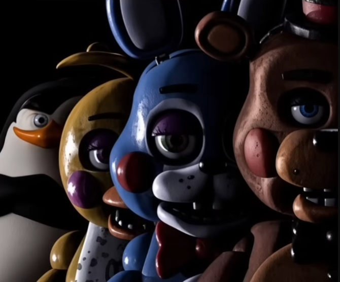 A dark, close-up CGI render of four animatronic characters—resembling a penguin, a yellow bird, a blue rabbit (Bonnie), and a brown bear (Freddy)—from the Five Nights at Freddy's franchise.