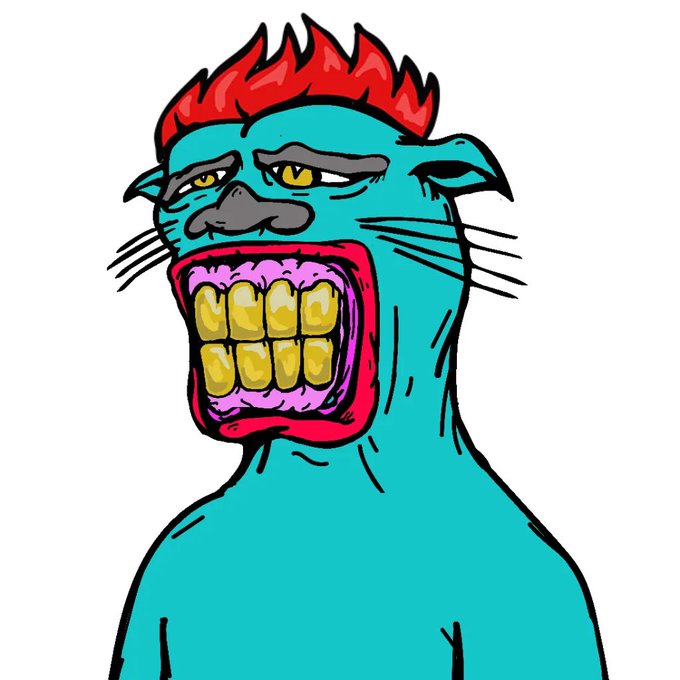 A cartoonish teal creature with a bright red mohawk, yellow eyes, and an exaggerated open mouth showing gold teeth baring aggressively, paired with the post's raw, meme-style commentary about the $SPC token gaining organic traction on the #XRPL trenches, framing the chaotic, irreverent energy of the image as a visual metaphor for the "shitty movement" of crypto culture catching fire.