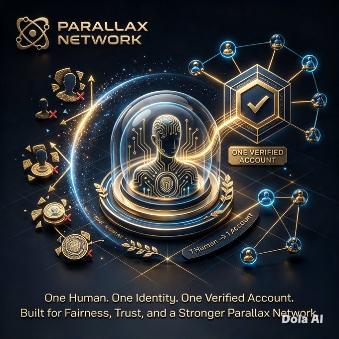 A promotional graphic for 'PARALLAX NETWORK' featuring a digital humanoid figure inside a glass dome, with the tagline 'One Human. One Identity. One Verified Account.'