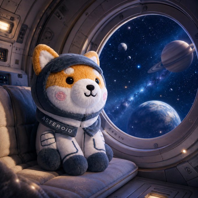 An adorable plush Shiba Inu dog wearing a space suit with "ASTEROID" embroidered on the chest sits by a spaceship window, gazing out at a stunning view of planets, moons, and a starry galaxy.