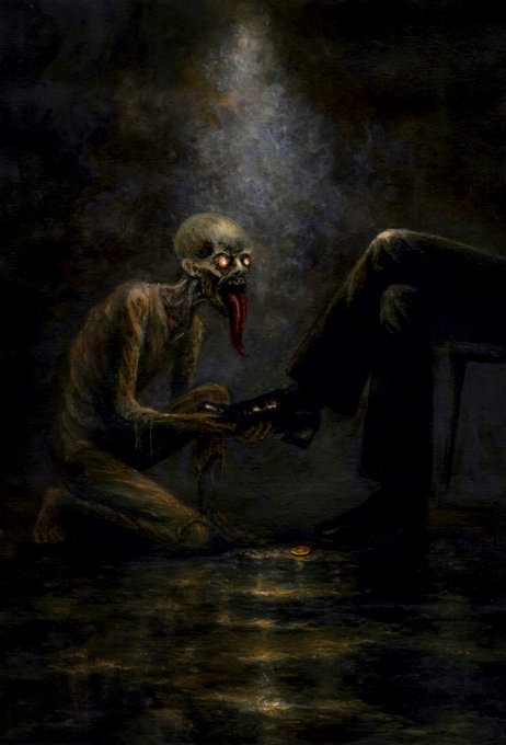 A dark, macabre oil painting depicting a skeletal figure with glowing eyes and a long red tongue kneeling in water, holding hands with a shadowy figure in a coffin-like shape.