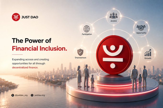 A promotional graphic for 'JUST DAO' titled 'The Power of Financial Inclusion,' depicting figures standing around a large red logo with surrounding icons for Access, Participation, Opportunity, Empowerment, and Growth.