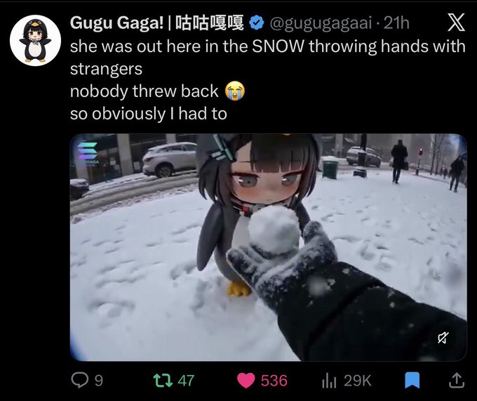 Twitter/X post by Gugu Gaga (@gugugagaai) saying 'she was out here in the SNOW throwing hands with strangers nobody threw back 😭 so obviously I had to', with a video thumbnail of an anime girl in the snow.