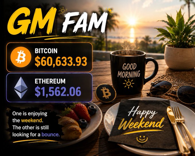 The image shows a table with various objects such as a coffee cup, plate of food, sunglasses, plant, cake, and utensils like forks, knives, and spoons. The text "gm fam" appears at the top of the image. Below this, there is some form of cryptocurrency information, likely a Bitcoin value or exchange rate. The post itself reads: "GM Fam !" in the top left corner, followed by "BTC $60,633" which may be the current value of Bitcoin being sold on GM Family. In the middle part of the image, there is a description of Etherum's current exchange rate at $1,562.00 and the phrase "Happy weekend". There are also utensils like forks and knives visible near the edge of the table. The overall scene seems to be related to a post about cryptocurrency or Bitcoin being sold on GM Family.