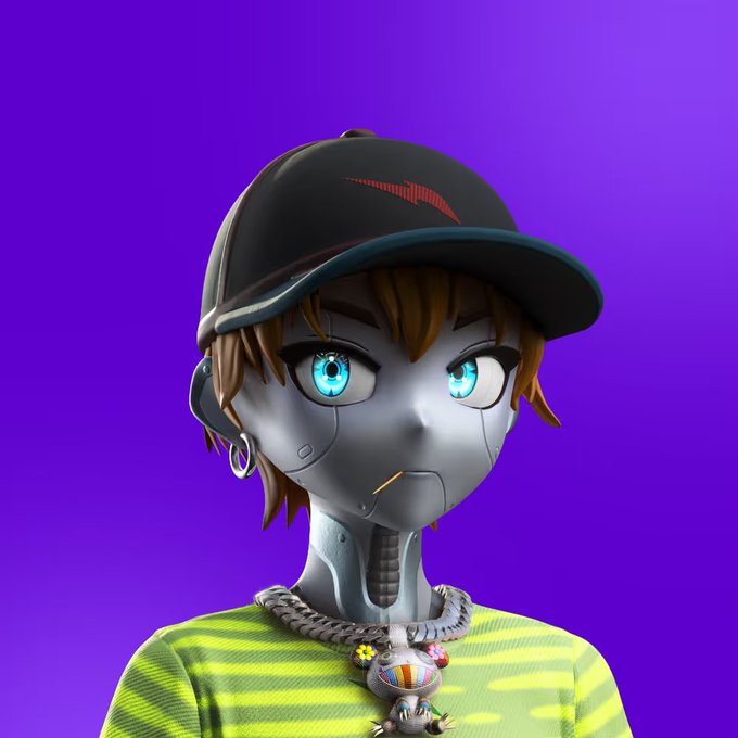 A 3D-rendered character with bright blue eyes, brown hair, and a black cap stands against a purple background, wearing a yellow-green shirt and a silver chain.