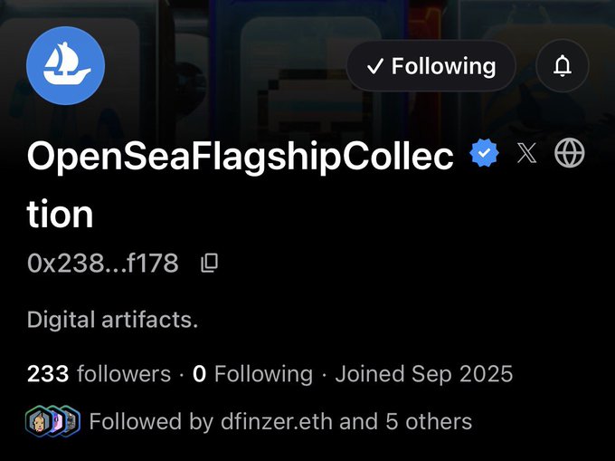 An OpenSea profile page for the collection 'OpenSeaFlagshipCollection' (address 0x238...f178) described as 'Digital artifacts' with 233 followers, followed by dfinzer.eth and others.