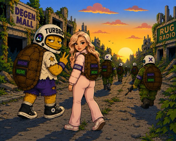An anime-style illustration featuring a turtle character wearing a 'TURBRO' helmet and a woman in pink, both with 'DEGEN' and 'WAGMI/NGMI' badges, standing in a post-apocalyptic setting with 'DEGEN MALL' and 'RUG RADIO' signs, accompanied by armed soldiers in the background.