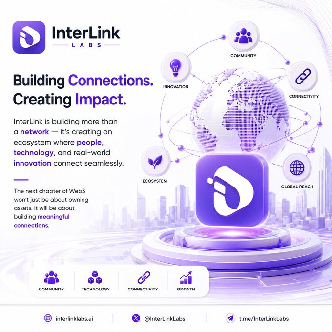 InterLink Labs promotional graphic with the tagline 'Building Connections. Creating Impact.' featuring a purple globe and icons for Community, Innovation, Connectivity, Ecosystem, and Global Reach.
