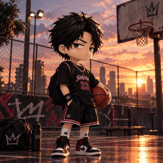A 3D rendered illustration of a stylized, anime-like character wearing a black basketball jersey with the number 23 and the word 'SHADOW', holding a basketball on an outdoor court at sunset.